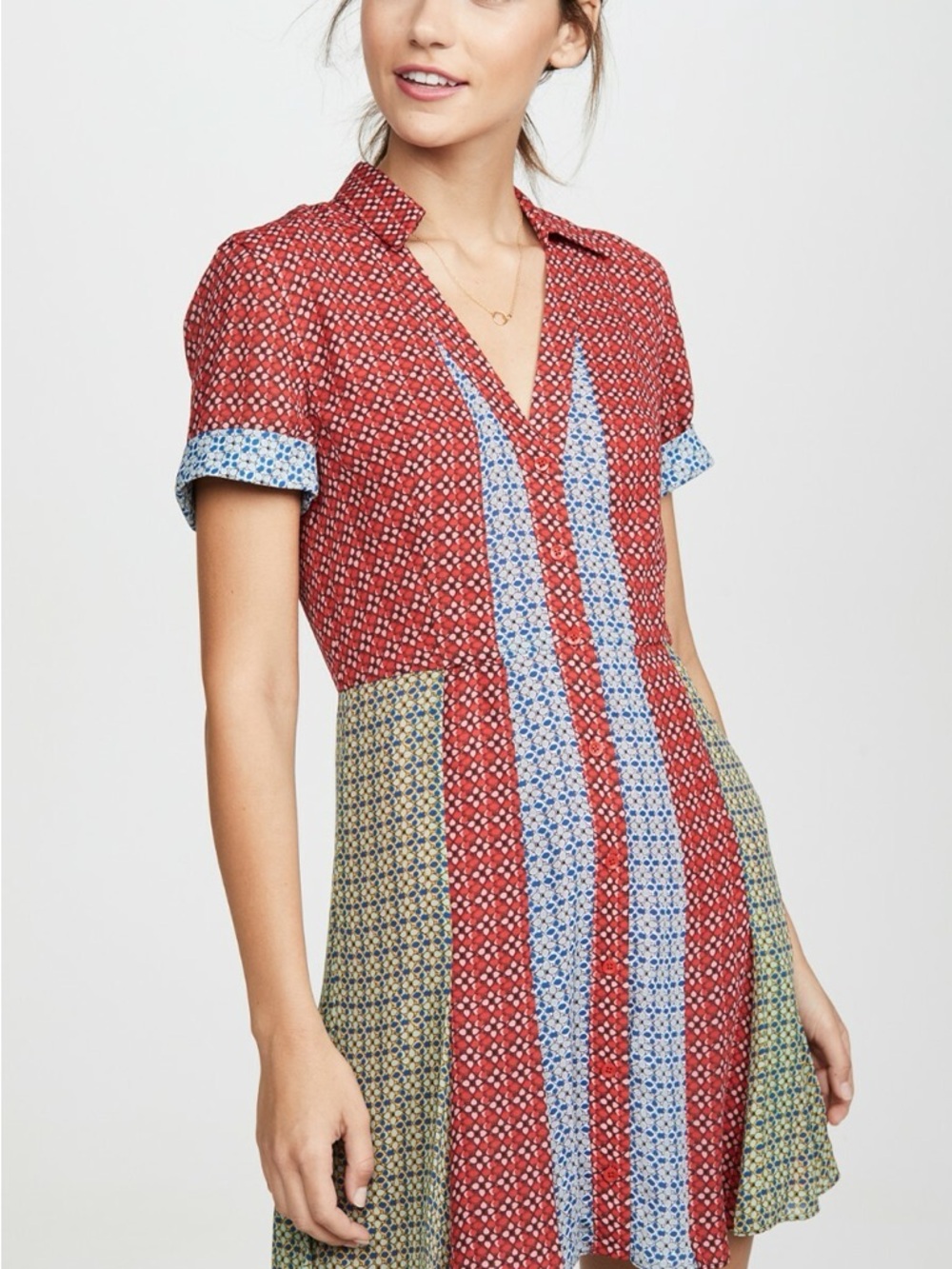 Alice + Olivia Mixed-Panel Mini Dress in Red, Light Blue and Olive - Picture 10 of 11